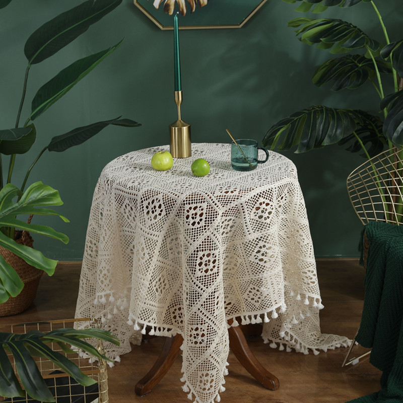 Beige Tassel Geometric Squares Hand Crochet Polyester Cotton Lace Table Cloth Wedding Table Linen With Tassel Decoration