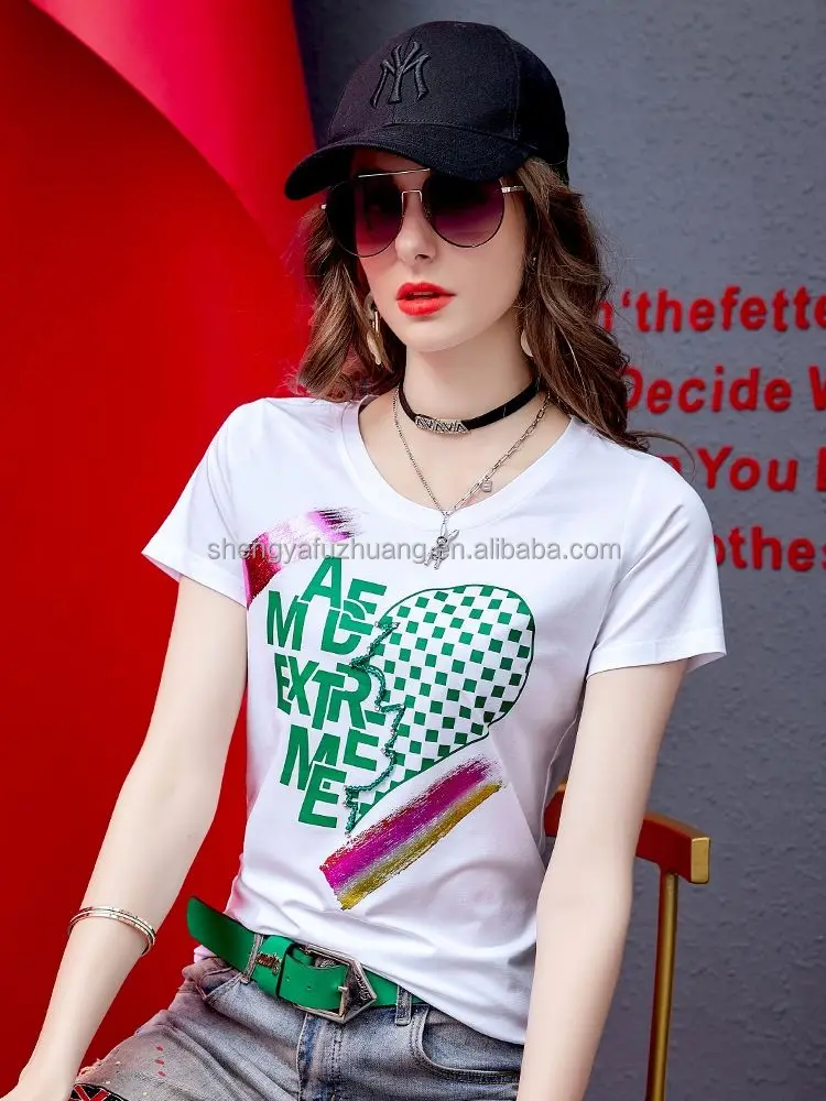 Women's 100% cotton fashion trend white print women's T-shirt wholesale