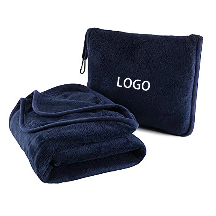 Logo personalizzato all'ingrosso a buon mercato 2 in 1 cuscino e coperta da viaggio di un pezzo con coperta per aereo con cerniera per i viaggi