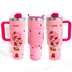 แก้วกาแฟสเตนเลสขนาด40ออนซ์พร้อมหูจับถ้วยกาแฟลายการ์ตูนร้อนสีชมพูสตรอเบอร์รี่เด็กผู้หญิง
