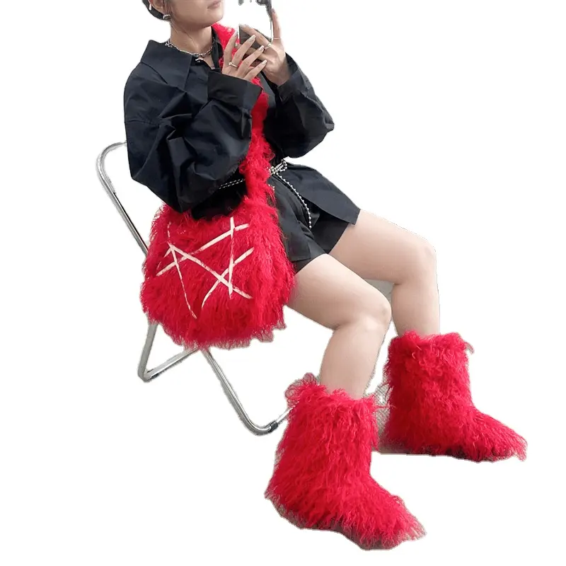 新しいデザインの甘いクールなパンクスタイルのトートバッグスノーブーツぬいぐるみキャリーオールバッグ女性用Y2kスパイスガール靴と財布のマッチセット