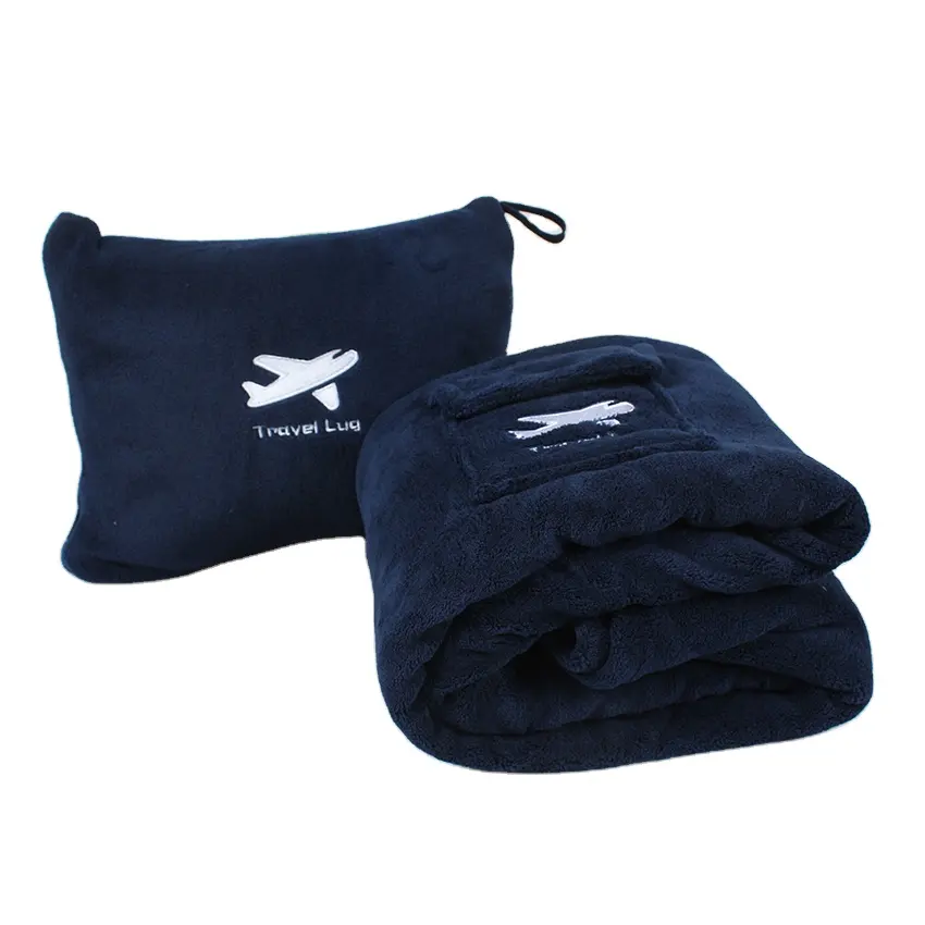 Commercio all'ingrosso morbido peluche In pile 2 In 1 cuscino aereo coperta Comfort borsa con cerniera coperte da viaggio con Logo