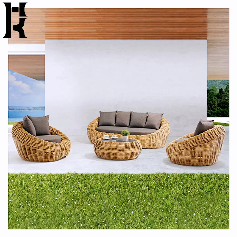 Novo design moderno todos os climas resina pe rattan pátio jardim pátio poolside cortina conjunto sofá ao ar livre