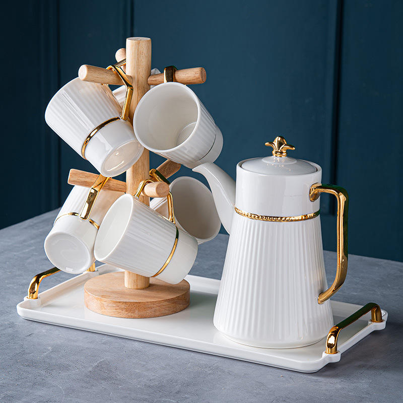 6 tazas+marco de madera+olla+plato de cerámica (blanco)