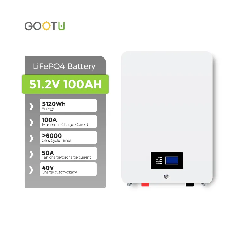 Bateria de lítio solar montada na parede Lifepo4 5120Wh 48 volts com Bms para armazenamento de energia solar doméstica Gootu 100Ah 200Ah