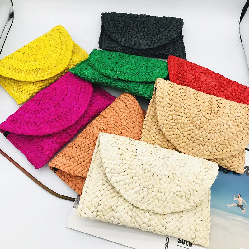 Mode Handgemaakte Stro Geweven Vrouwen Zomer Strandportemonnees Envelop Handtassen Kleurrijke Raffia Gras Stro Clutch Tassen Voor Meisje