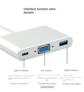 Adaptador USB 3,1 Tipo-C a VGA con fuente de alimentación Convertidor de chaqueta de PVC tres en uno