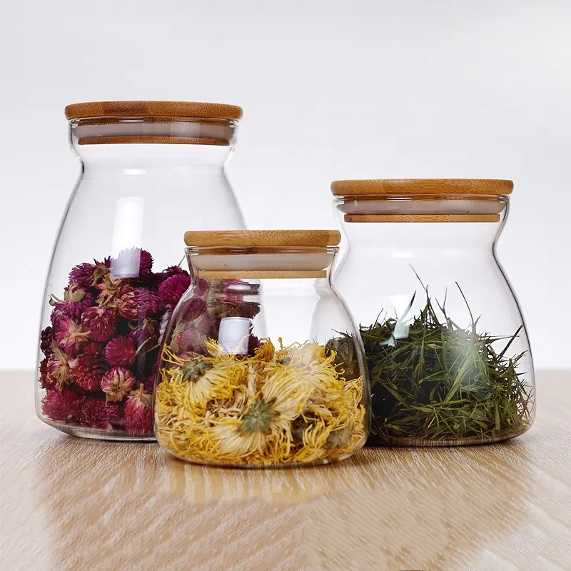 500ミリリットル750ミリリットル1000ミリリットルAirtight Handmade Borosilicate Glass Food Storage Jar Canister With竹Lid