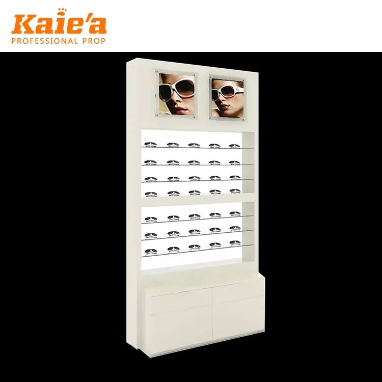Personalize prateleira de exibição de loja óptica multicamadas e suporte de madeira para óculos, armário de exibição, móveis para loja óptica com luz