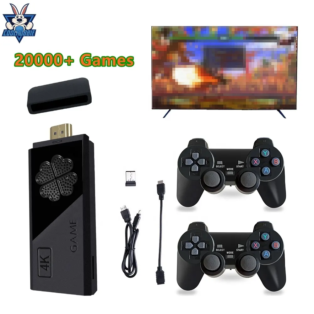 CoolRabbie M8 USB 게임 스틱 64G 무선 내장 20000 + 게임 HD 4K TV 레트로 비디오 게임 콘솔 PS1/SFC/FC 용 게임 패드