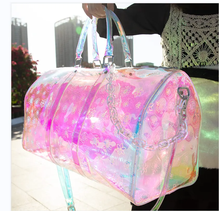 Sıcak satış büyük fermuarlı tasarımcı PVC özel basit holografik şeffaf lüks bayanlar haftasonu spor seyahat spor spor çantası