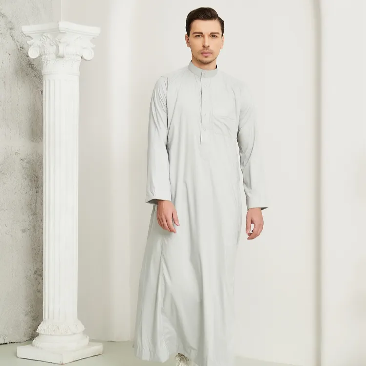 Ropa islámica para hombre, moda de Oriente Medio, Thobe musulmán, cuello redondo, Color sólido, Dubai
