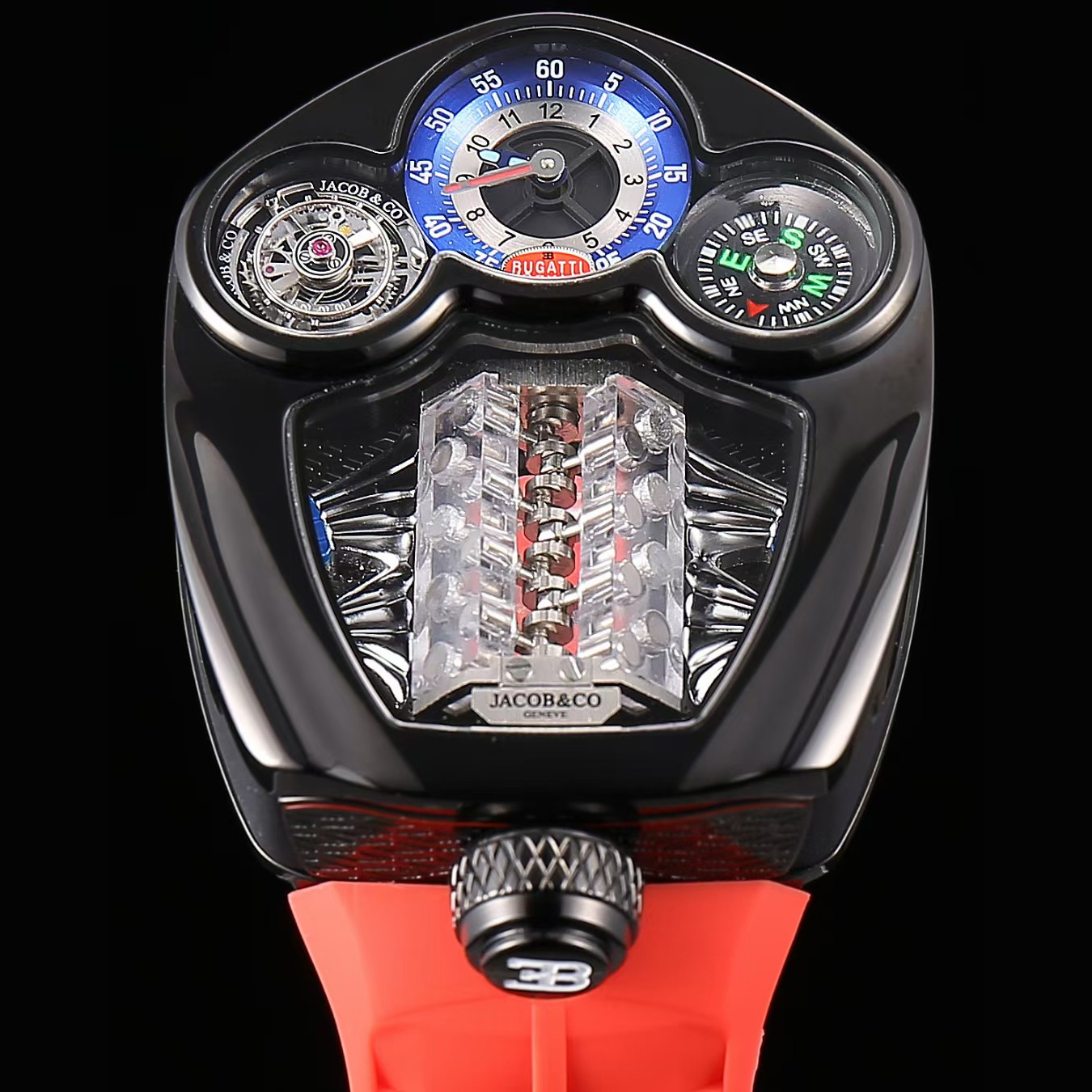Boîtier noir avec bracelet rouge
