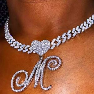 In Stock New Heart Bail 26 Alphabet Cursive Script Initial Letter Necklace With Iced Out Bling Cuban Link <strong>Chain</strong> 18&quot; - Product Image 2