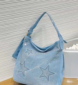 Yeni denim elmas çivili beş köşeli yıldız crossbody kadın çantası büyük kapasiteli ve renk eşleştirme, tek omuz kova - Product Image 6