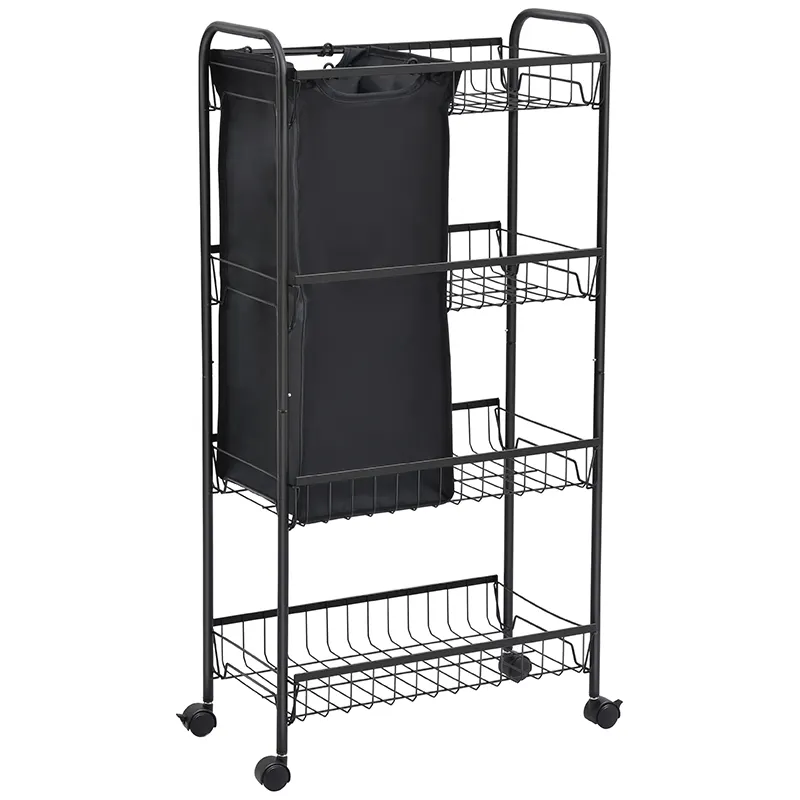 Umwelt freundlicher Beauty Plastic 4 Tier Utility Rack Trolley Cart mit 4 Rädern Wäsche wagen mit doppeltem Wäsche sack