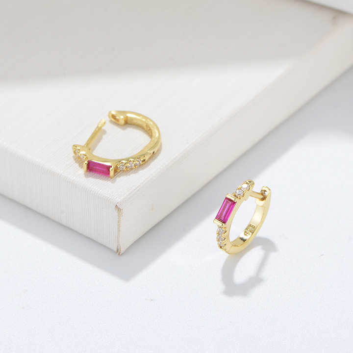 Dainty Emerald Red Corundum Psj S 925 Sterling Silver 14k Gold Plated Bling Cubic Zirconia Huggie Earrings for Women Girls