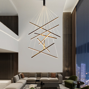 İskandinav Modern Villa oturma odası Minimalist yaratıcı uzun Led hat lambaları siyah merdiven avize