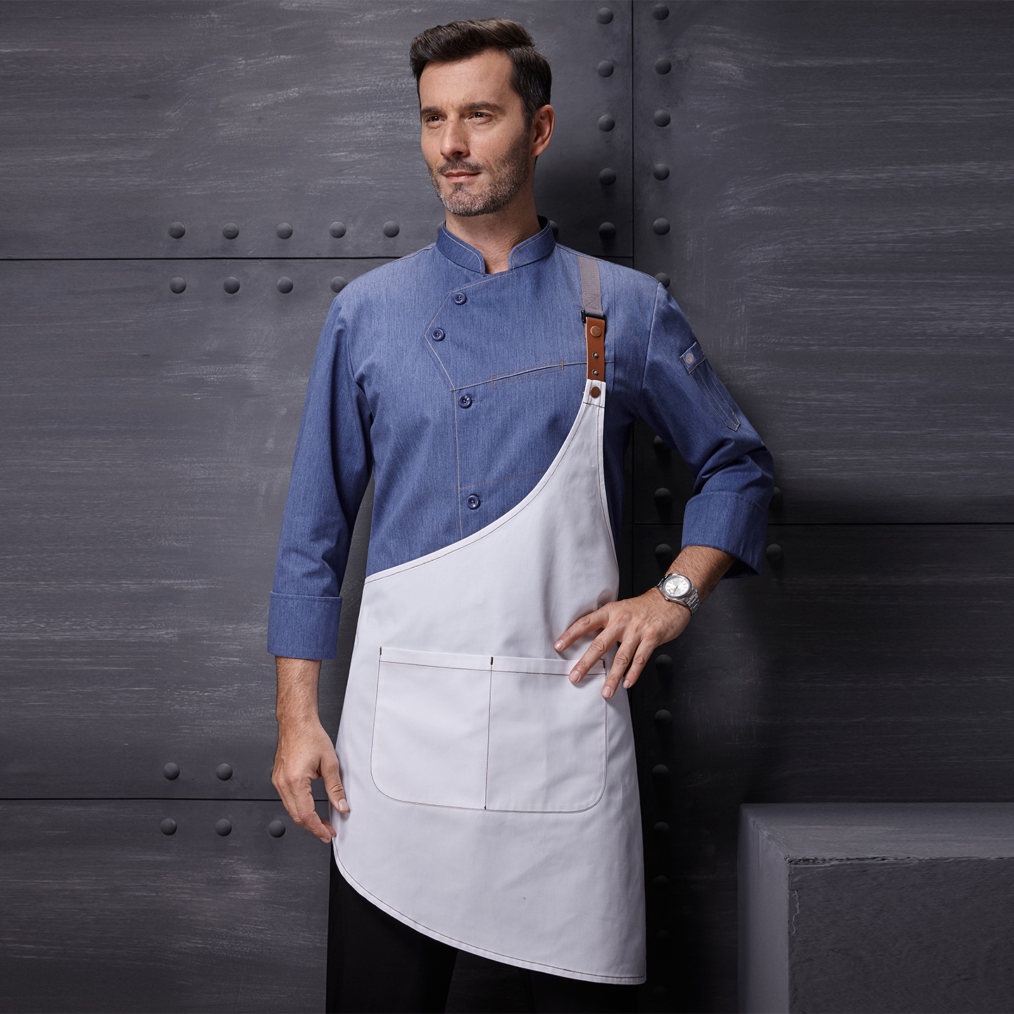 Blue long-sleeved shirt + white apron