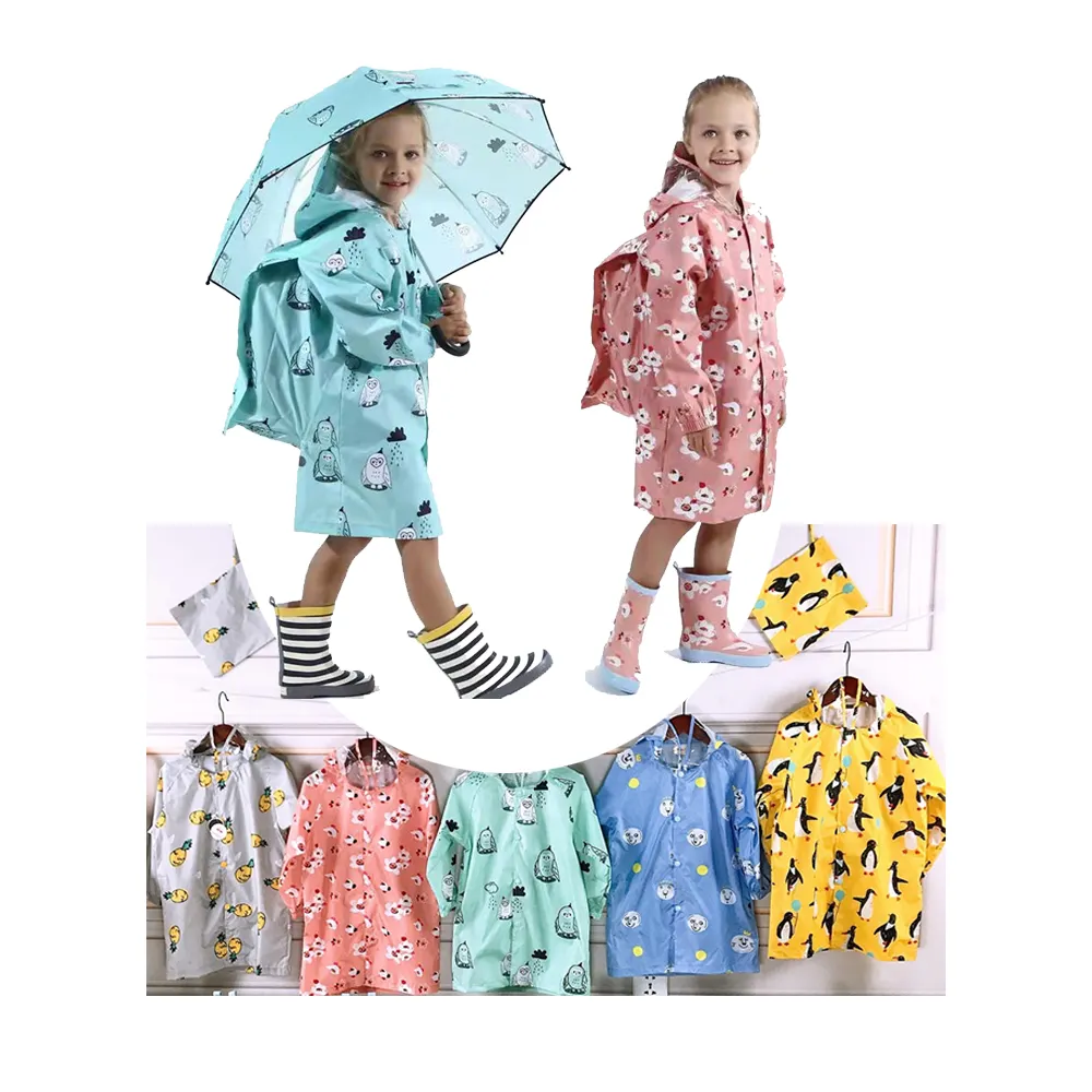 À prova de água Cute Cartoon Custom Print Rain Coat Poncho Jacket impermeável tecido Poliéster Raincoat for Kid Crianças School Bag