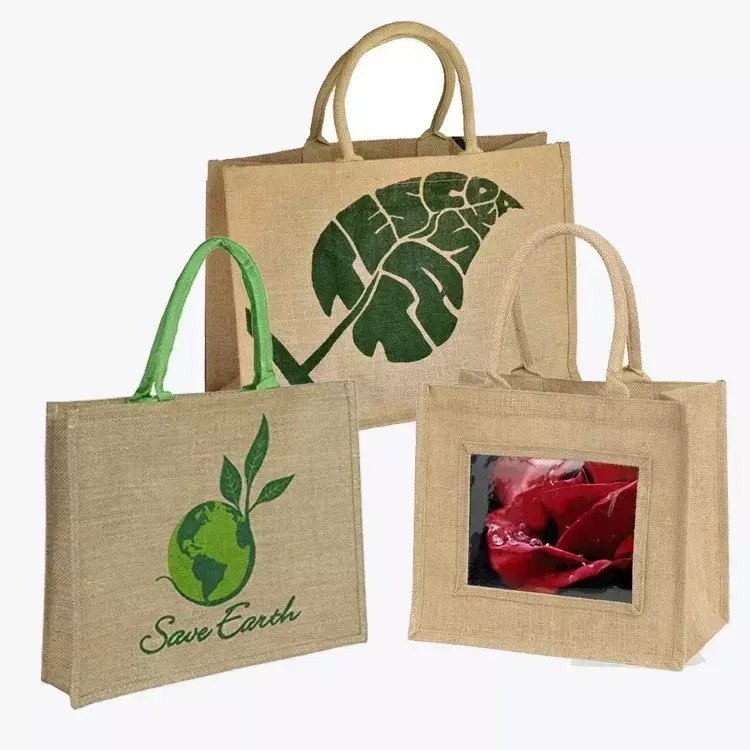 Custom Print Groothandel Eco Organische Natuurlijke Souvenir Luxe Bruiloft Lederen Handvat Jute Tas Stof Draagtas Voor Geschenk