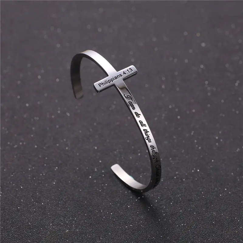 Pulsera de Cruz con texto grabado personalizado para mujer, brazalete religioso, regalos religiosos versos bíblicos, joyería para mujer