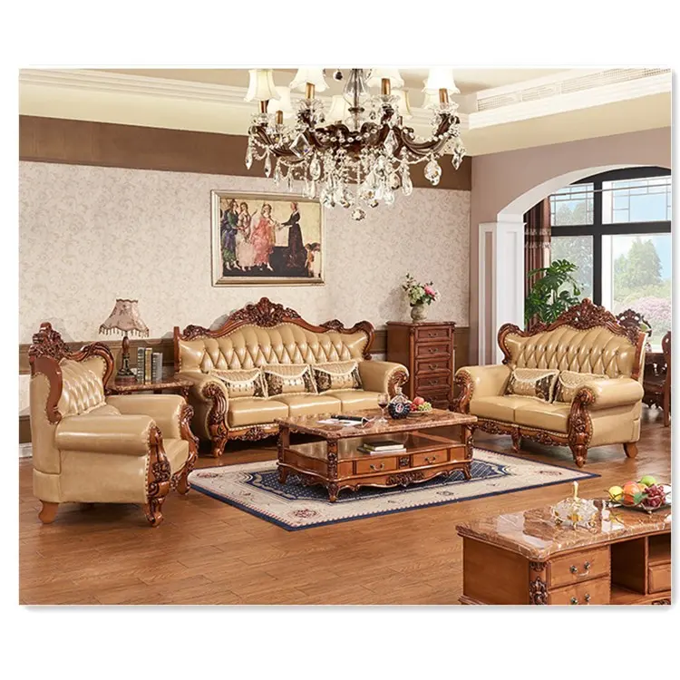 Sofá antiguo europeo de alta calidad para sala de estar, conjunto de muebles para el hogar de cuero genuino