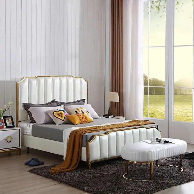 モダンで豪華な革製ダブルベッド、ヘッドボード付きベッドルーム家具