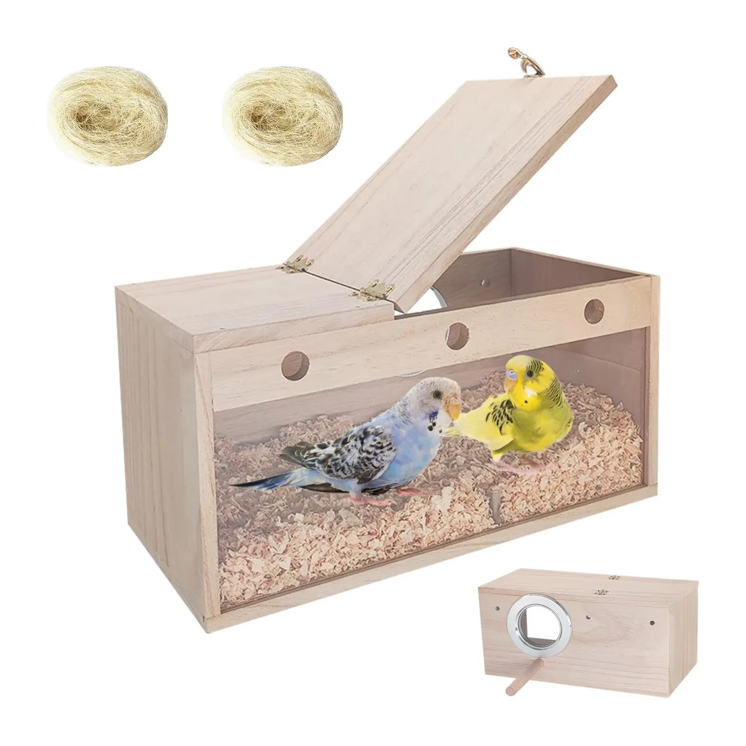 インコの巣箱透明な鳥の繁殖ボックス天然木の鳥かご