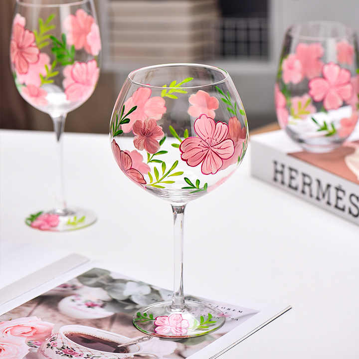 Copas de vino tinto blanco pintadas a mano, Juego de 3 vasos de vidrio con diseño de flores, juego de copas de vino Vintage grande