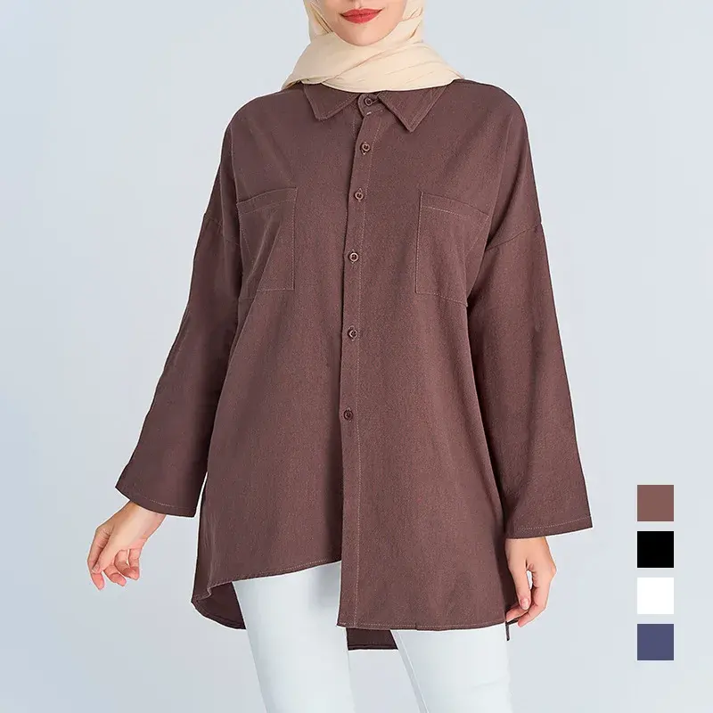 Vente en gros Nouvelles chemises décontractées de couleur unie Vestes Femme Cardigan à manches longues Blouse Chemise Tunique modeste pour femmes musulmanes Vente en gros