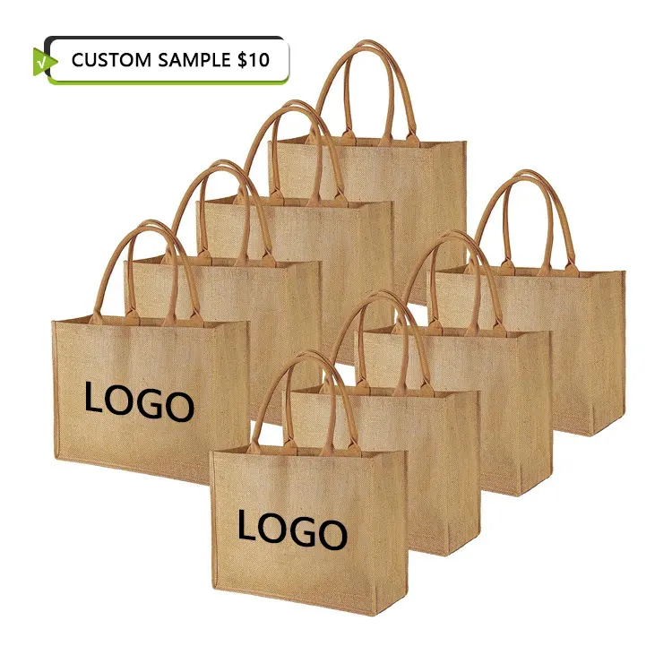 Gran oferta, bolsa de arpillera reutilizable, bolsa de compras con logotipo personalizado impreso, bolsa de yute con patrón de letras y Asa