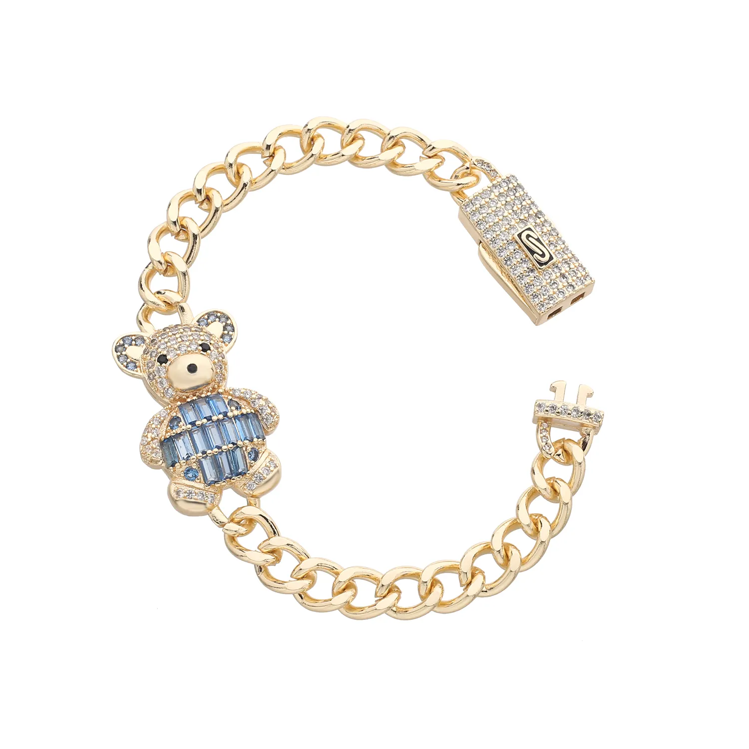 Personalizado Hip Hop 14K chapado en oro latón Pave CZ oso encanto pulseras para mujer joyería