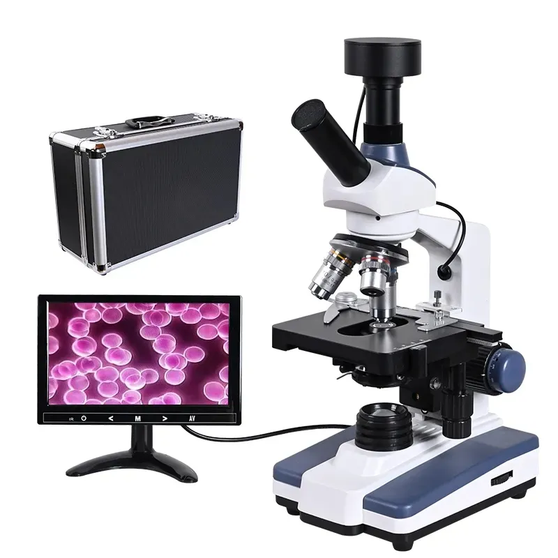 Fundo preto Binocular microscópio câmera Digital Lab levou luz + 9 polegadas LCD + 5MP microscópio biológico ocular eletrônico
