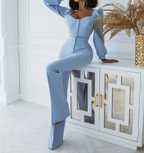 Truen 2023 Hot Selling Spring Solid Color <strong>Cop</strong> <strong>Top</strong> Custom LOGO Lantern Sleeve <strong>Top</strong> Flare Two Piece Pants Casual Suit