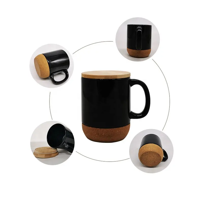Tazza da caffè con design promozionale in ceramica smaltata con base in sughero smaltato con coperchio