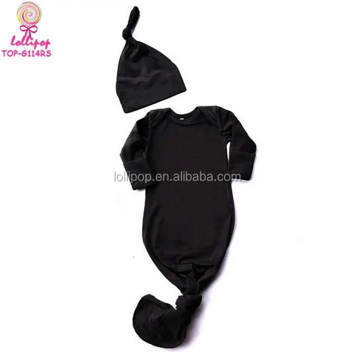 Robes de nuit nouées pour bébés, vêtement noir uni, tenue pour nouveau-né, couvre-lit et chapeau à nœud
