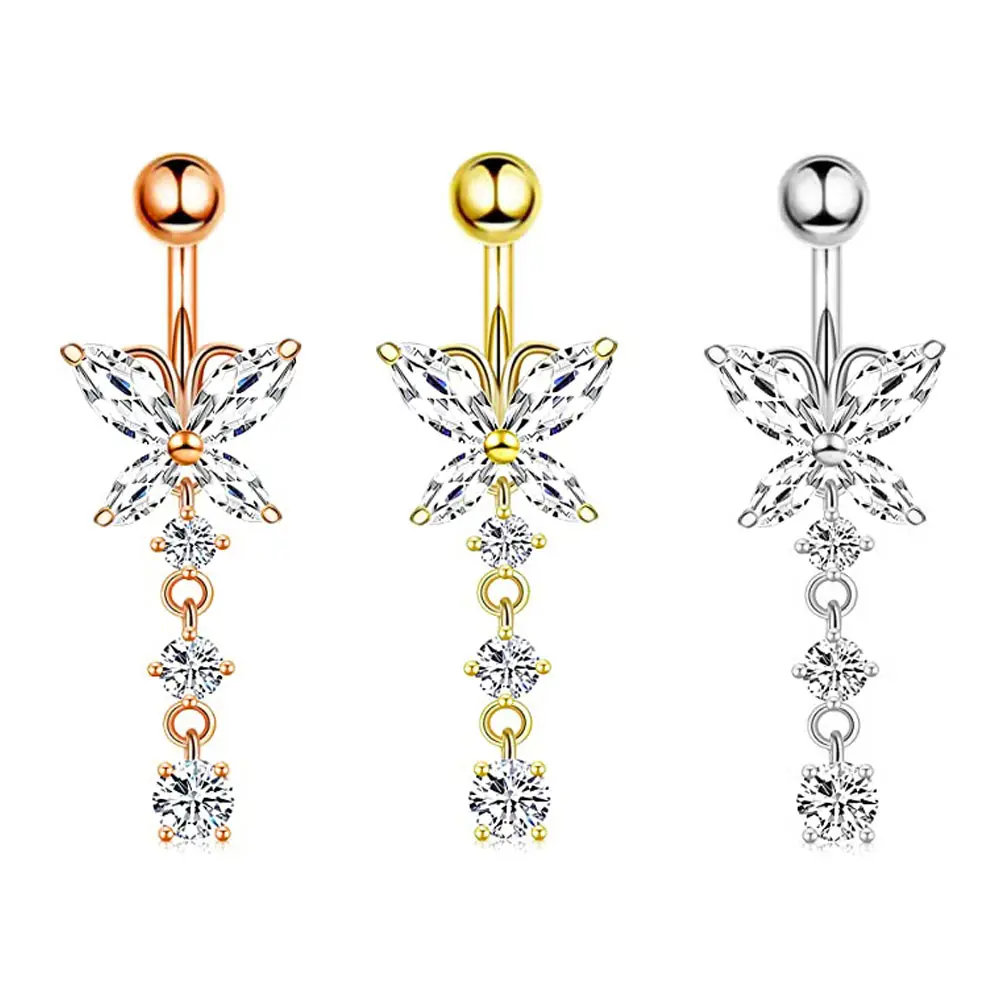 wholesales belly button rings cz belly piercing 3 color cheap price 14g 10mm dangle navel piercing bar for women girl