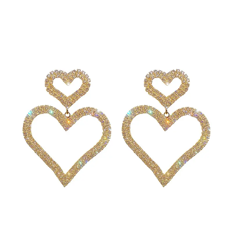 HOVANCI Double Hollow Shiny Crystal Heart Drop Earrings Gold Rhinestone Heart Shape Earrings für Valentine der Day