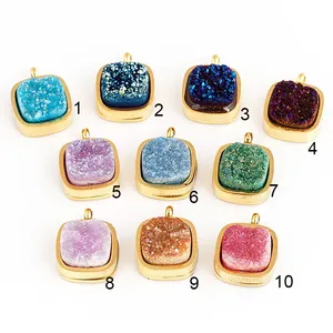 方形<span class=keywords><strong>Druzy</strong></span>魅力吊坠，粉色玫瑰水蓝色绿色紫罗兰，不锈钢底座，手工工艺用品，珠宝用品N27