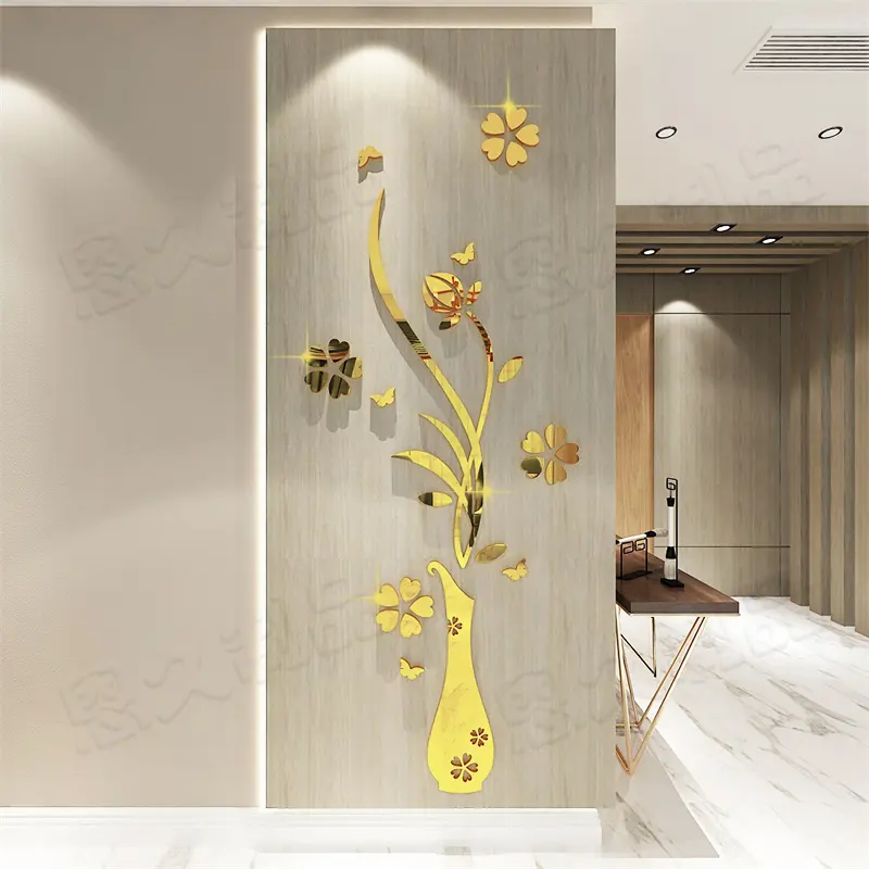 Arte creativo papel tapiz pegatina acrílico extraíble flores florero diseño 3D acrílico espejo pared pegatina para sala de estar