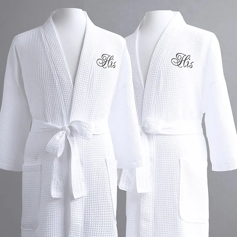 Jubah mandi wafel Kustom jubah putih dengan logo bordir kerah kimono uniseks jubah mandi panjang katun jubah mandi spa