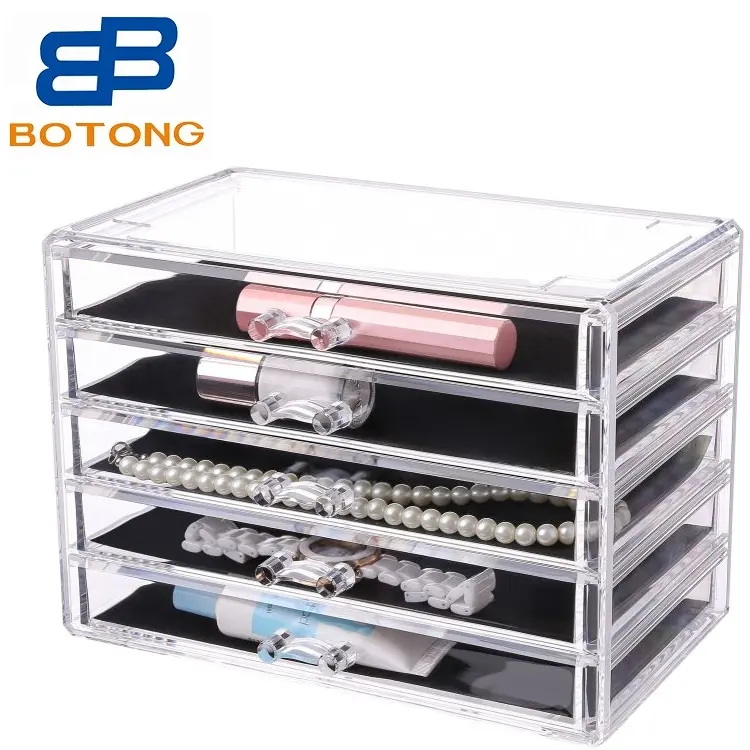 Organizador de maquillaje acrílico con 5 cajones, caja de almacenamiento de joyería, organizador apilable de escritorio, cepillos de tocador transparentes