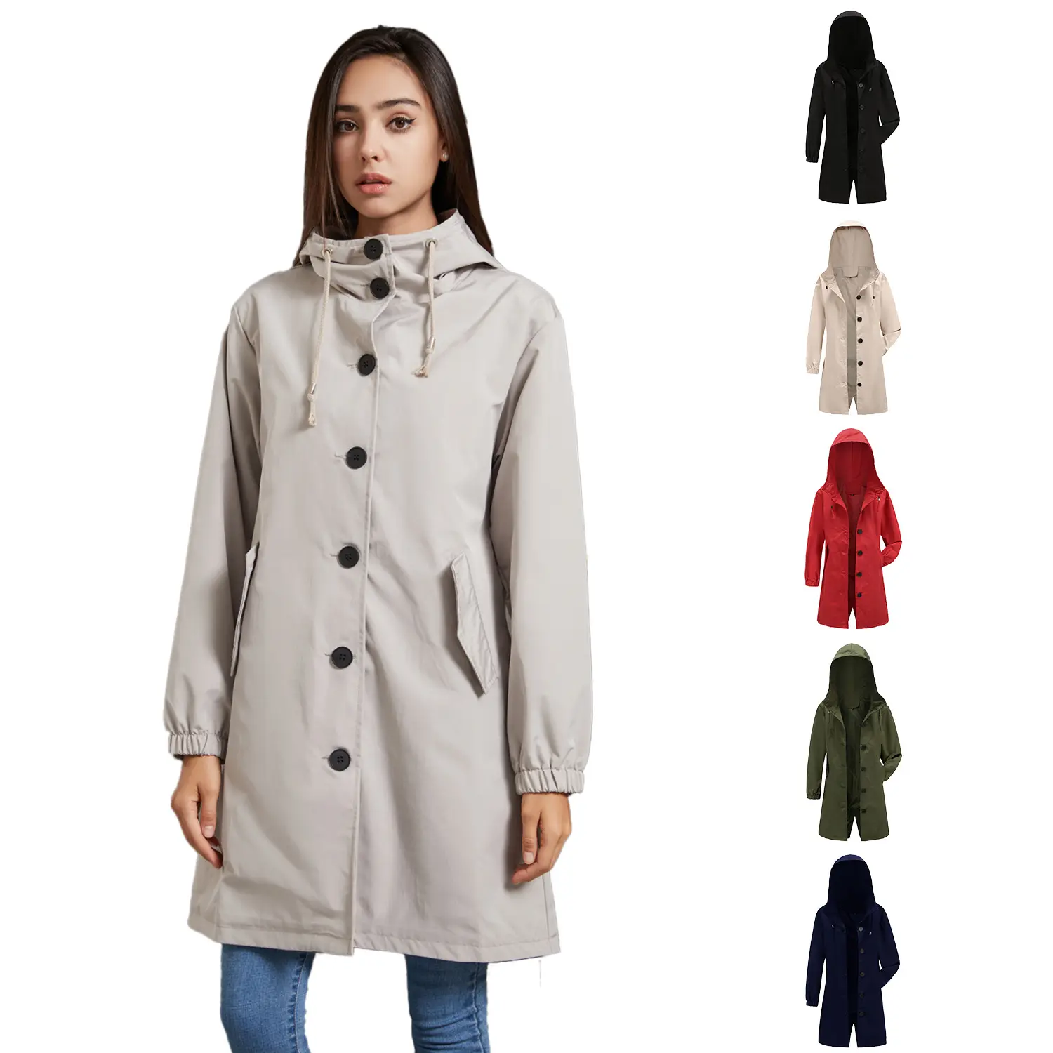 Senhoras Casual Longo Trench Coat Ao Ar Livre Impermeável Jaqueta Leve E Respirável Chuva Roupas Com Capuz E Bolsos Laterais