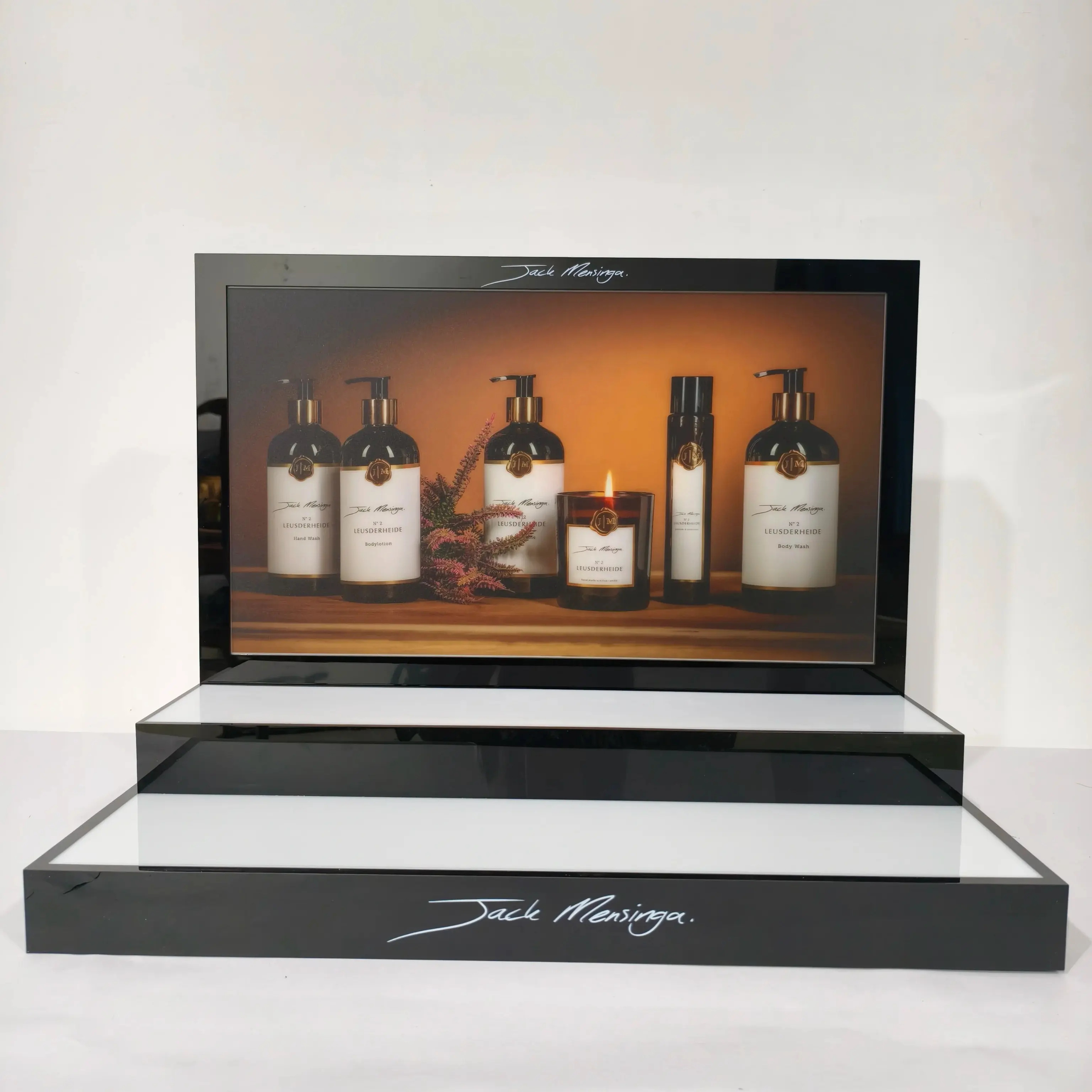 Expositor de acrílico para bancada de banho, suporte de exposição para cosméticos e perfume, suporte de exibição de gel de banho com design personalizado