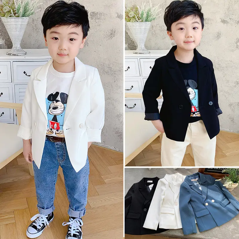 Blazers de primavera para niñas, chaqueta de color blanco y negro para niños, traje informal liso para niños, ropa para niños, venta al por mayor, 2021