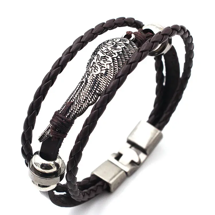 Bracciale in pelle retrò personalizzato europeo e americano per gli uomini ali d'angelo fibbia in metallo bracciale in pelle