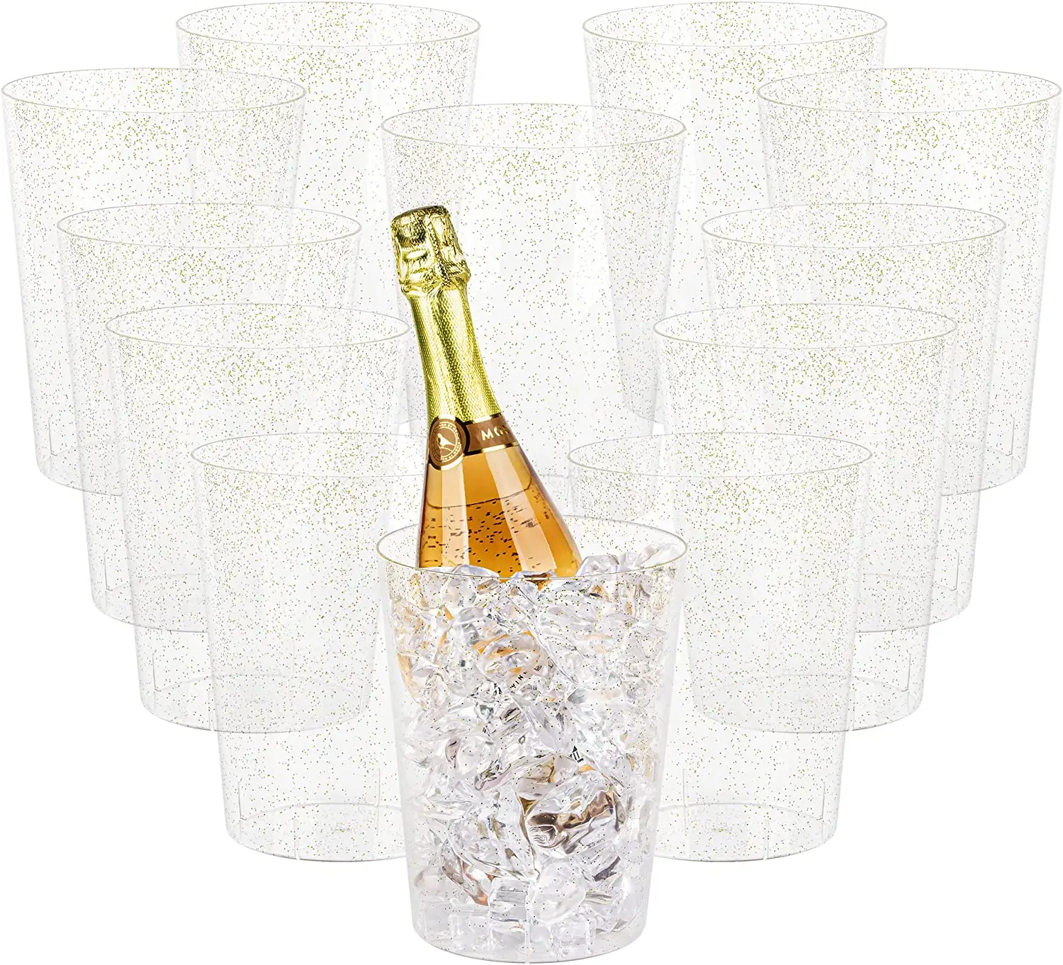 Descartável Grande Champagne Chiller Plástico Gold Glitter Clear Wine Cooler Balde De Gelo Para Festas De Casamento