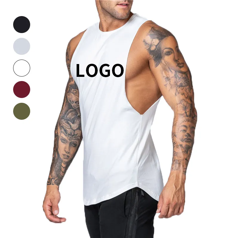 Camicie sportive con logo personalizzato all'ingrosso in cotone da corsa con camice da ginnastica senza maniche per allenamento da uomo