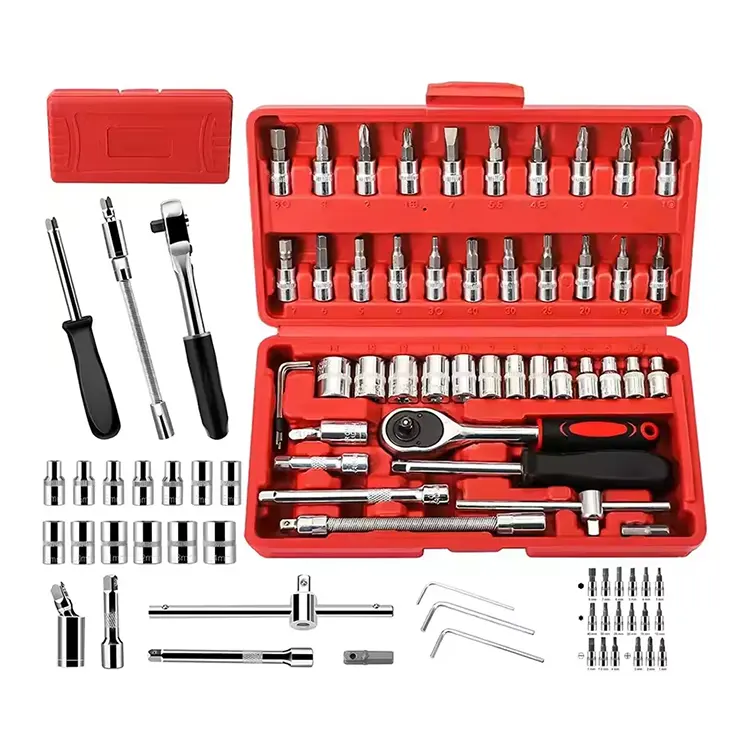 Set di utensili manuali in acciaio 3/8 da 46 pezzi Set di chiavi a bussola Cr-v Set di custodia in plastica Kit di riparazione di strumenti per auto